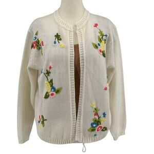 Specialty House Fashion Cardigan Sweater SZ M VTG Knit White Floral Embroidered
